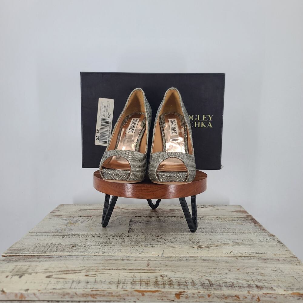 Badgley Mischka Cassidy II Peep Toe Heels Sz 7 Silver sparkle Pumps Party formal - Picture 3 of 12